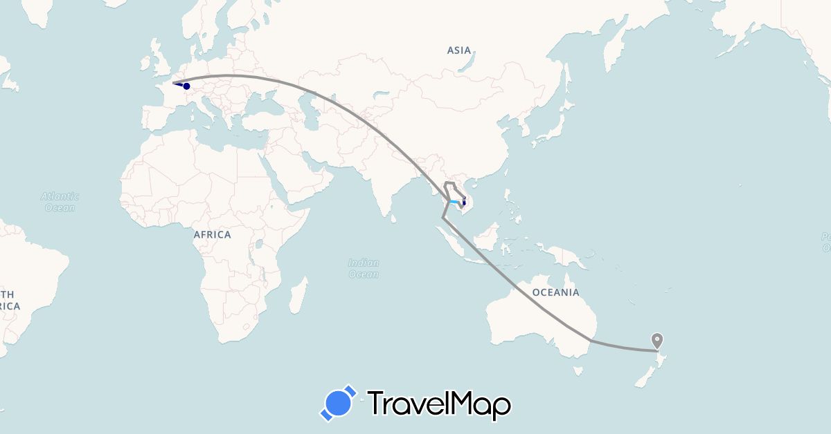 TravelMap itinerary: driving, plane, boat in Australia, France, Indonesia, Cambodia, Laos, New Zealand, Thailand (Asia, Europe, Oceania)